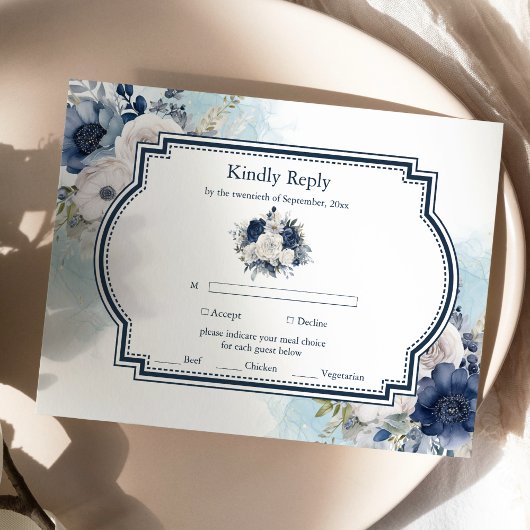 Dusty Blue und Navy Floral Elegante Hochzeit RSVP Karte