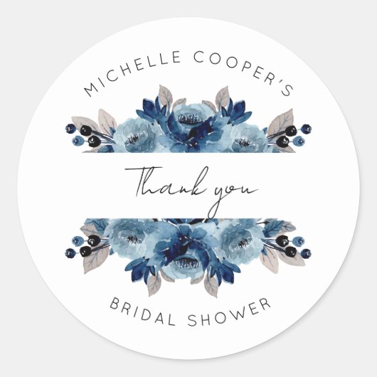 Dusty Blue und Navy Floral Vielen Dank Runder Aufkleber (Vorderseite)