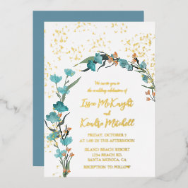 Dusty blue und Orange Aquarell Blumenbogen Folieneinladung