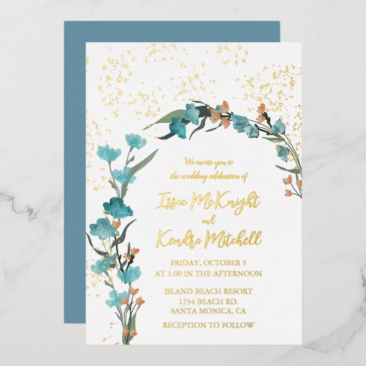 Dusty blue und Orange Aquarell Blumenbogen Folieneinladung (Vorderseite/Rückseite)