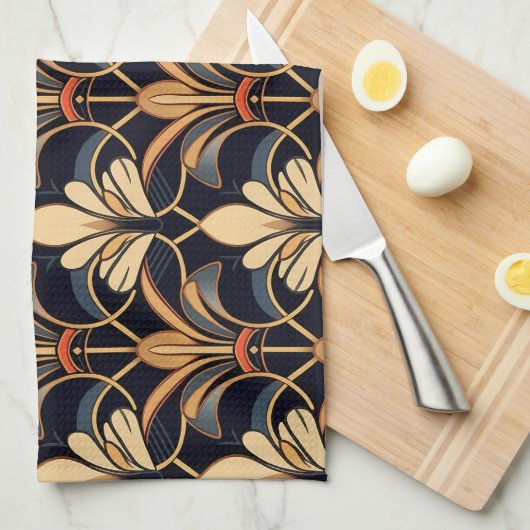 Dusty Blue und Orange Art Deco Geschirrtuch (Viertel Falte)