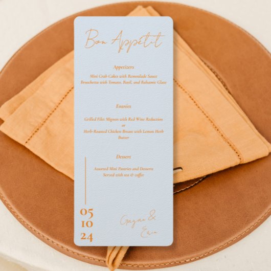Dusty blue und orange Letter Wedding Menü Menükarte