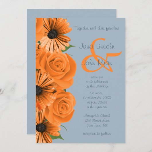 Dusty Blue und Orange Rose & Daisies2 Einladung (Vorne/Hinten)