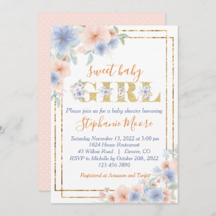 Dusty Blue und Peach Floral Baby Dusche Einladung