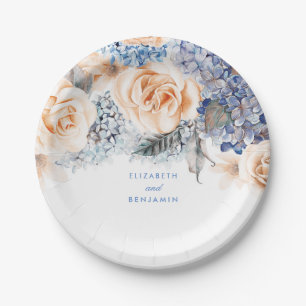 Dusty Blue und Peach Floral Elegante Hochzeit Pappteller