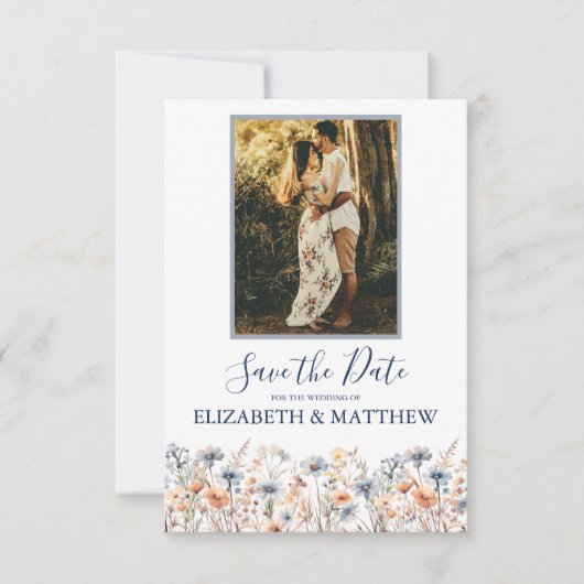 Dusty Blue und Peach Wildblumen Save the Date (Vorderseite)