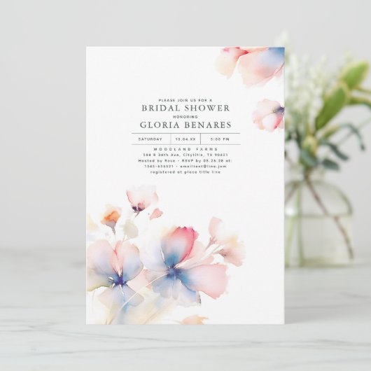 Dusty Blue und Pink Blume Modernes Brautparty Einladung (Stehend Vorderseite)