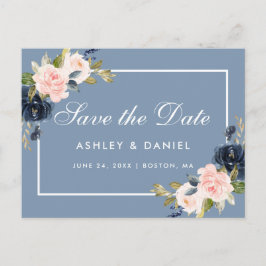 Dusty Blue und Pink Blush Bloral Save the Date Ankündigungspostkarte
