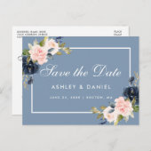 Dusty Blue und Pink Blush Bloral Save the Date Ankündigungspostkarte (Vorne/Hinten)