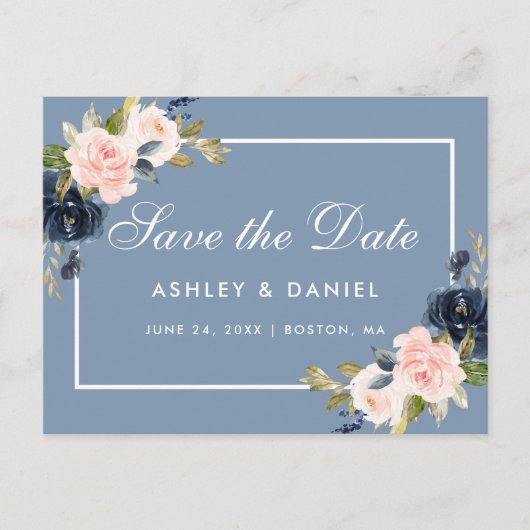 Dusty Blue und Pink Blush Bloral Save the Date Ankündigungspostkarte (Vorderseite)
