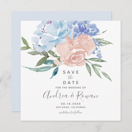 Dusty Blue und Pink Floral Save the Date Ankündigung (Vorne/Hinten)