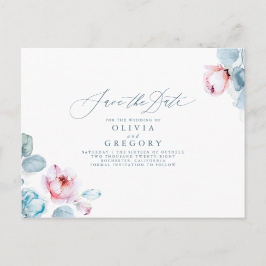 Dusty Blue und Pink Floral Save the Date Ankündigungspostkarte (Vorderseite)