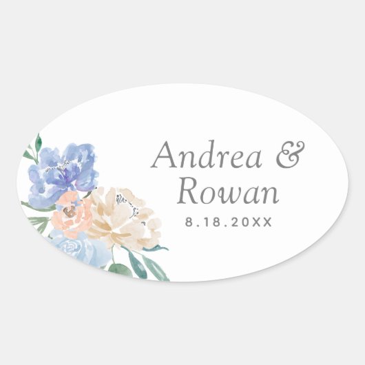 Dusty Blue und Pink Floral Wedding Ovaler Aufkleber (Vorderseite)