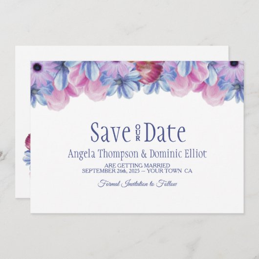 Dusty Blue und Pink Floral Wedding Save the Date (Vorne/Hinten)