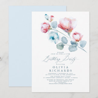 Dusty Blue und Pink Romantic Floral Geburtstag Einladung