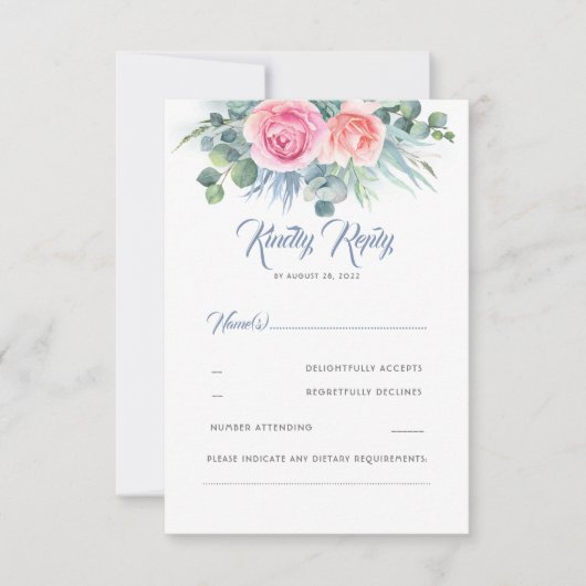 Dusty Blue und Pink Rose Quartz Wedding RSVP Karte (Vorderseite)