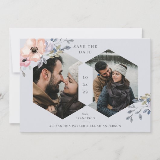 Dusty Blue und Rose Geometric Floral | Zwei Fotos Save The Date (Vorderseite)