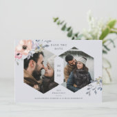 Dusty Blue und Rose Geometric Floral | Zwei Fotos Save The Date (Stehend Vorderseite)
