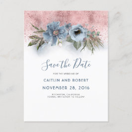 Dusty Blue und Rose Gold Floral Save the Date Ankündigungspostkarte