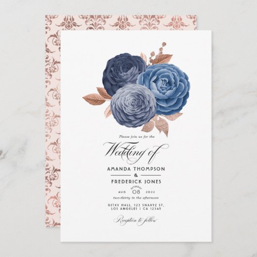 Dusty Blue und Rose Gold Floral Wedding Einladung (Vorne/Hinten)