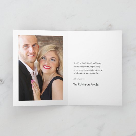 Dusty Blue und Rose Gold Floral Wedding Foto Dankeskarte (Innenseite)