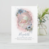 Dusty Blue und Rose Gold Foto Baby Birth Ankündigung (Stehend Vorderseite)