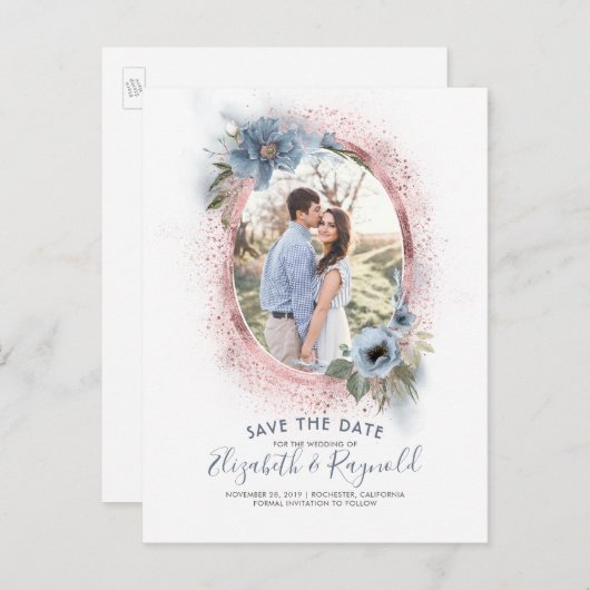 Dusty Blue und Rose Gold | FOTO SAVE THE DATE Ankündigungspostkarte (Vorne/Hinten)