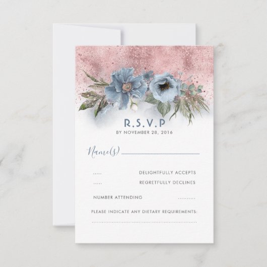 Dusty Blue und Rose Gold Glitzer Boho Wedding RSVP (Vorderseite)