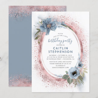 Dusty Blue und Rose Gold Glitzer Geburtstagsparty Einladung