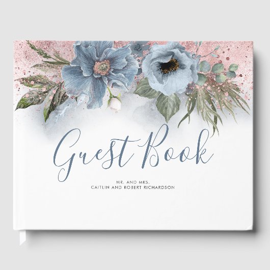 Dusty Blue und Rose Gold Glitzer Wedding Gästebuch (Vorderseite)