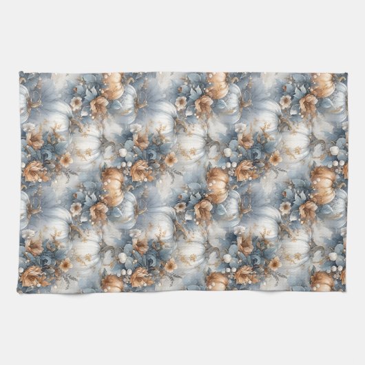 Dusty Blue und Rustic Orange Autumn Pumpkin Design Geschirrtuch (Horizontal)