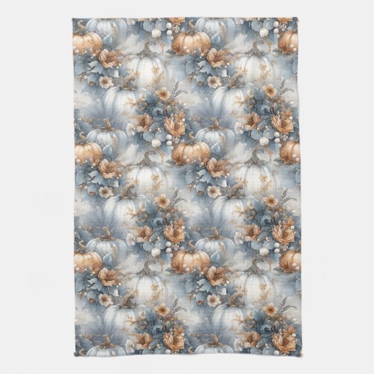 Dusty Blue und Rustic Orange Autumn Pumpkin Design Geschirrtuch (Vertikal)