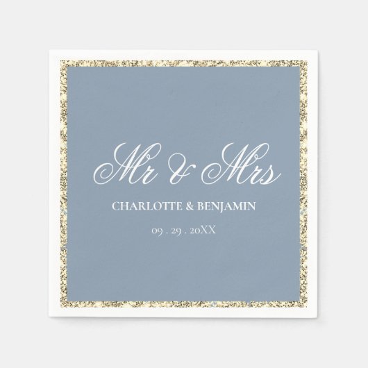 Dusty Blue und Silver Border Mr & Mrs Wedding Serviette (Vorderseite)