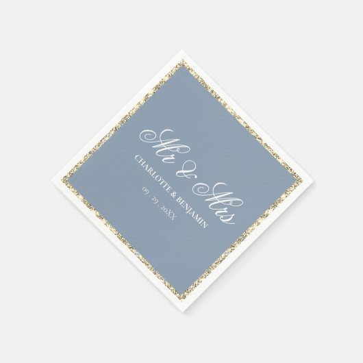 Dusty Blue und Silver Border Mr & Mrs Wedding Serviette (Ecke)