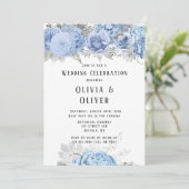 Dusty Blue und Silver Floral Wedding Einladung (Stehend Vorderseite)