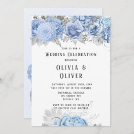 Dusty Blue und Silver Floral Wedding Einladung