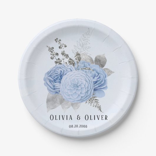 Dusty Blue und Silver Floral Wedding Pappteller (Vorderseite)