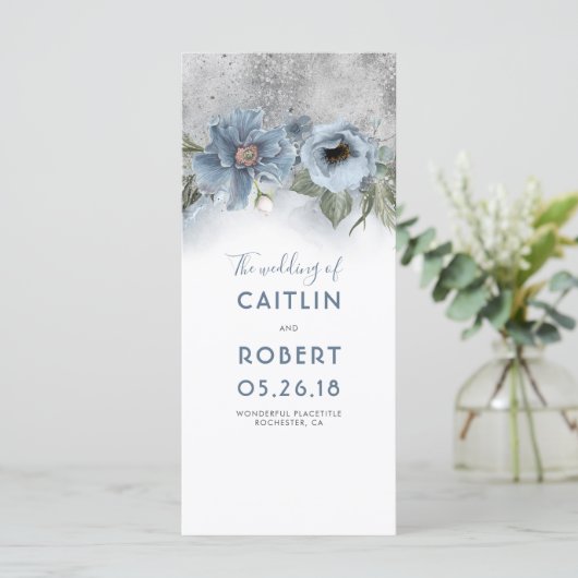 Dusty Blue und Silver Floral Weddings Programme (Stehend Vorderseite)