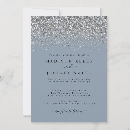 Dusty Blue und Silver Glitzer Hochzeitseinladung Ankündigung (Vorderseite)