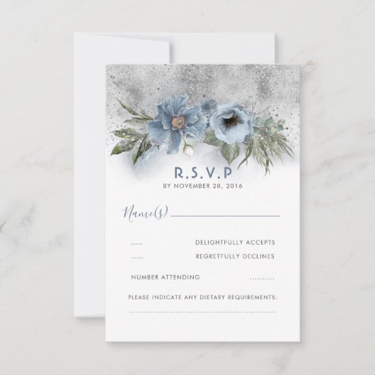 Dusty Blue und Silver Glitzer Modern Wedding RSVP (Vorderseite)