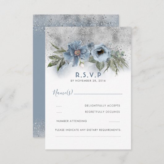 Dusty Blue und Silver Glitzer Modern Wedding RSVP (Vorne/Hinten)