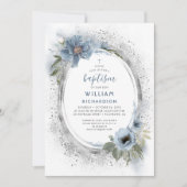 Dusty Blue und Silver Glitzer Taufe Einladung (Vorderseite)