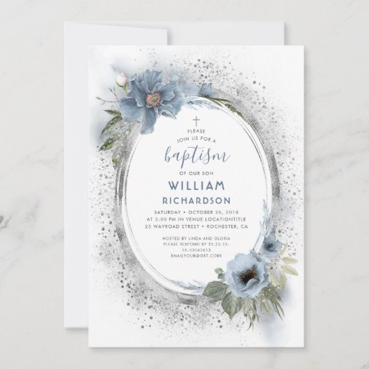 Dusty Blue und Silver Glitzer Taufe Einladung (Vorderseite)