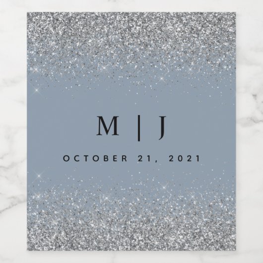 Dusty Blue und Silver Glitzer Wedding Weinetikett (Einzelnes Label)