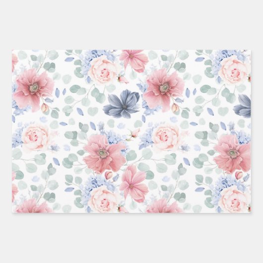 Dusty Blue und Soft Pink Blume Botanisches Muster Geschenkpapier Set (Vorderseite 3)