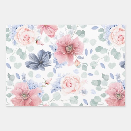 Dusty Blue und Soft Pink Blume Botanisches Muster Geschenkpapier Set (Vorderseite)