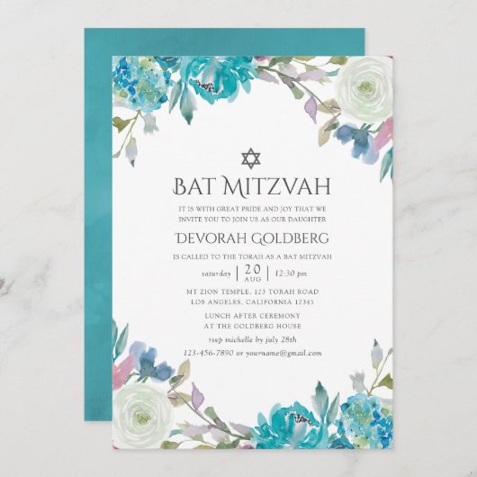 Dusty Blue und Türkis Floral Bat Mitzvah Einladung (Vorne/Hinten)