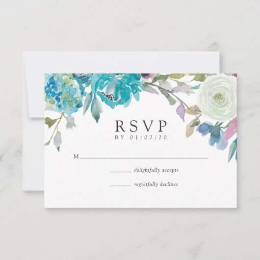Dusty Blue und Türkis Floral Wedding RSVP (Vorderseite)
