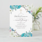 Dusty Blue und Türkise Floral Heilige Kommune Einladung (Stehend Vorderseite)