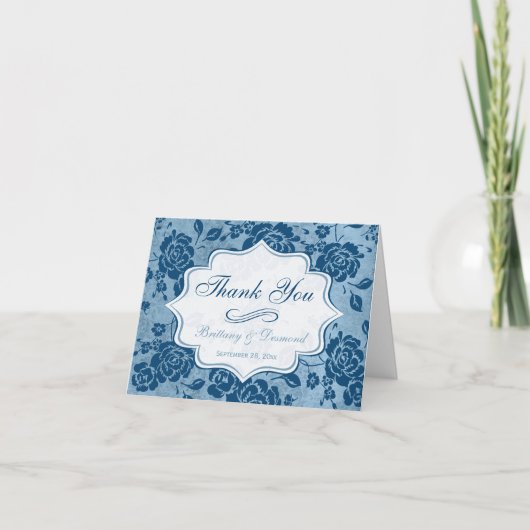 Dusty Blue und White Floral Damask Danke Karte (Vorderseite)